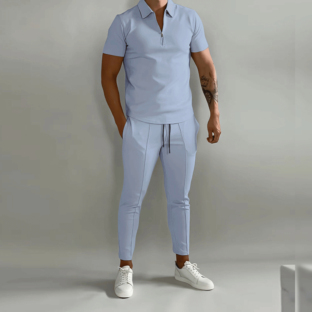 Ensemble homme deux pièces en coton et polyester, cinq coloris, bleu clair