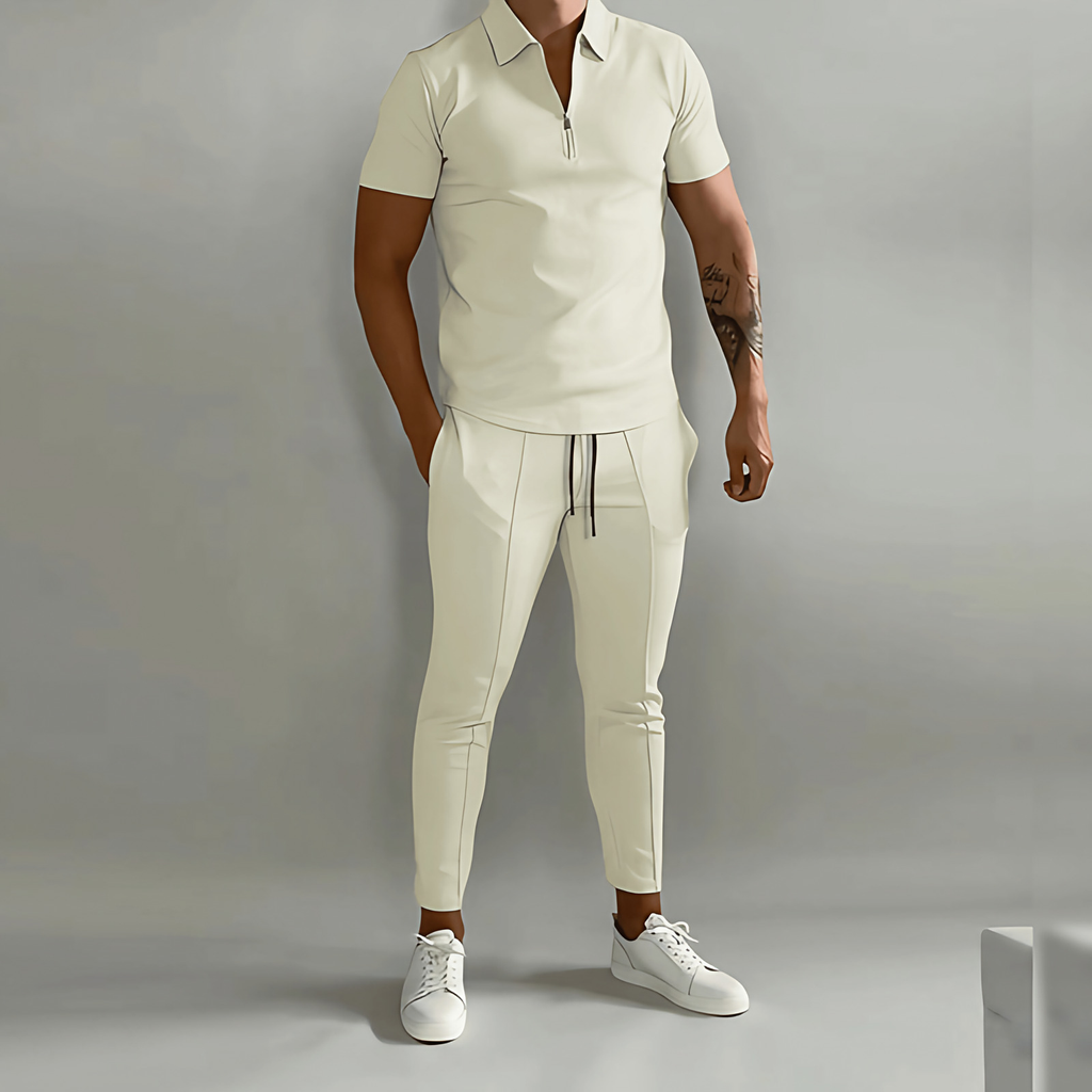 Ensemble homme deux pièces en coton et polyester, cinq coloris, beige