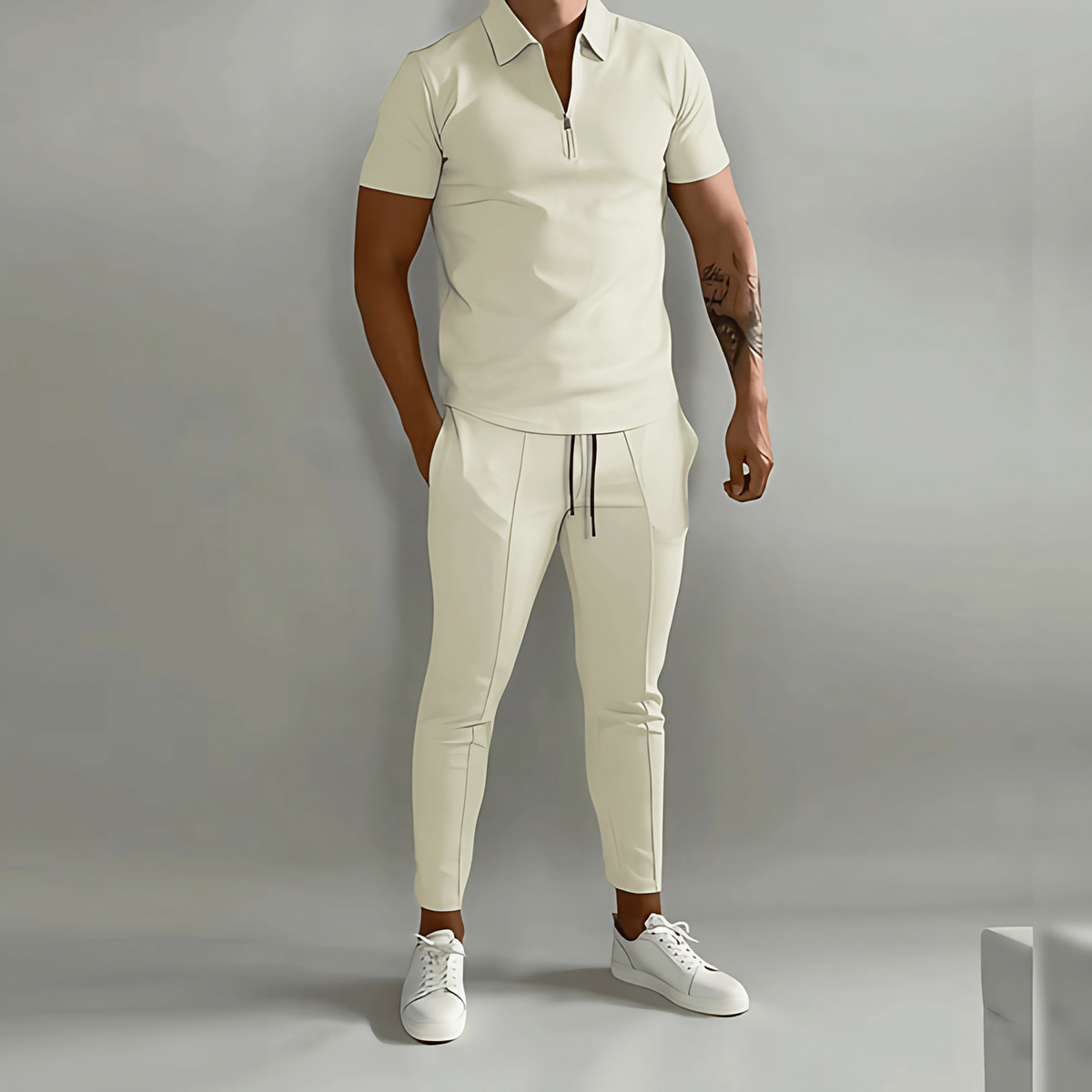 Ensemble homme deux pièces en coton et polyester, cinq coloris, beige