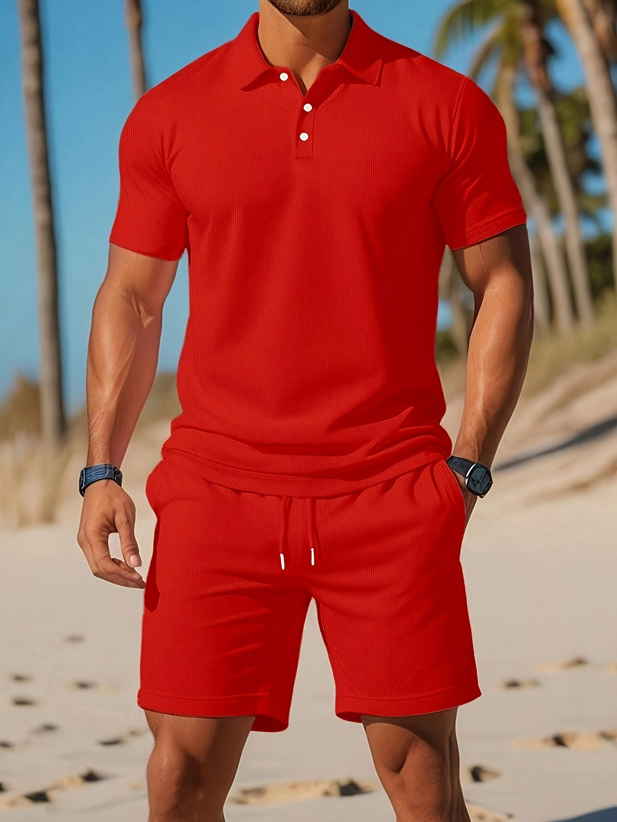 Ensemble homme polo et short assortis, dix coloris, S au 3XL, rouge