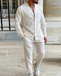 Ensemble homme chemise col montant et pantalon ample, beige