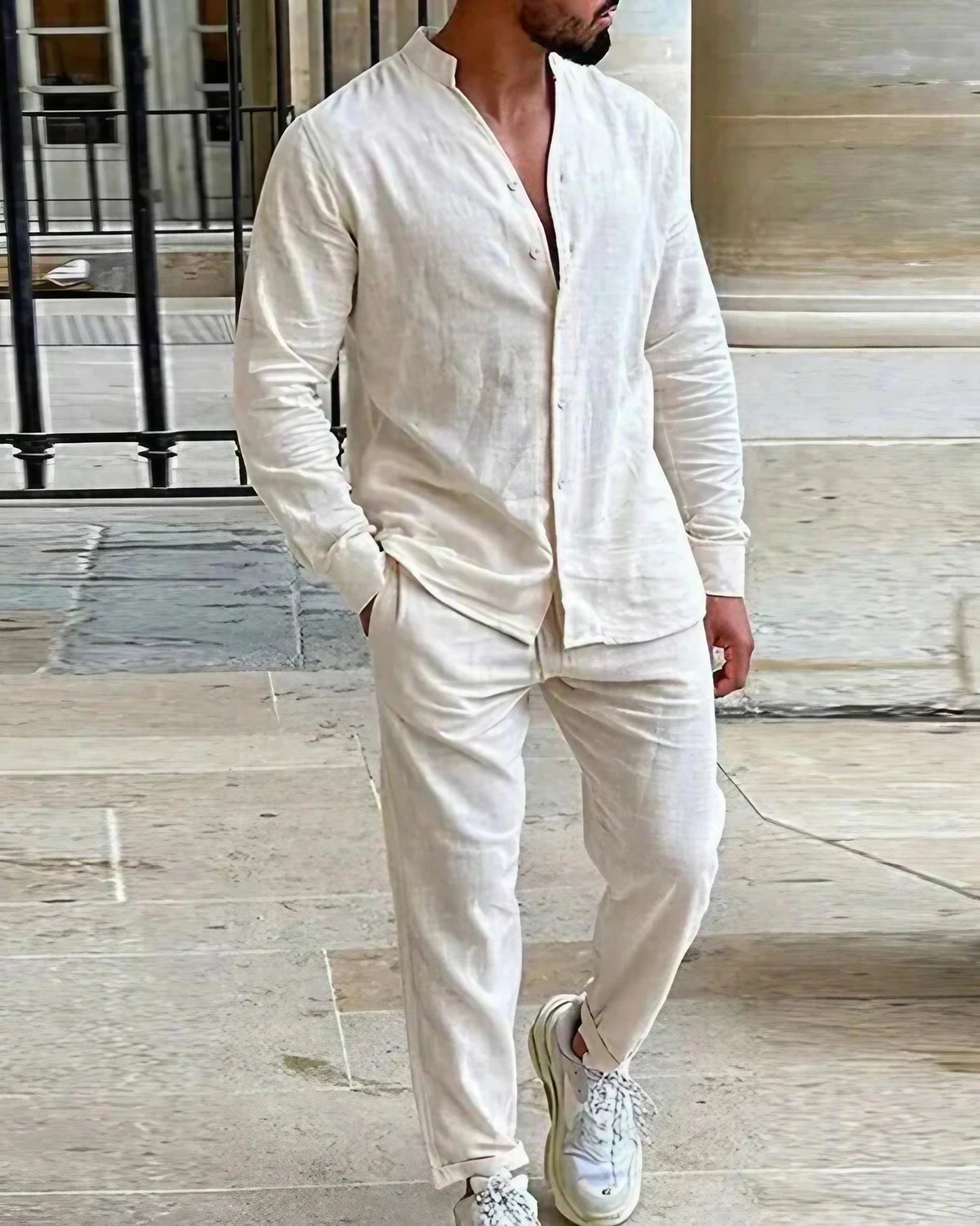 Ensemble homme chemise col montant et pantalon ample, beige