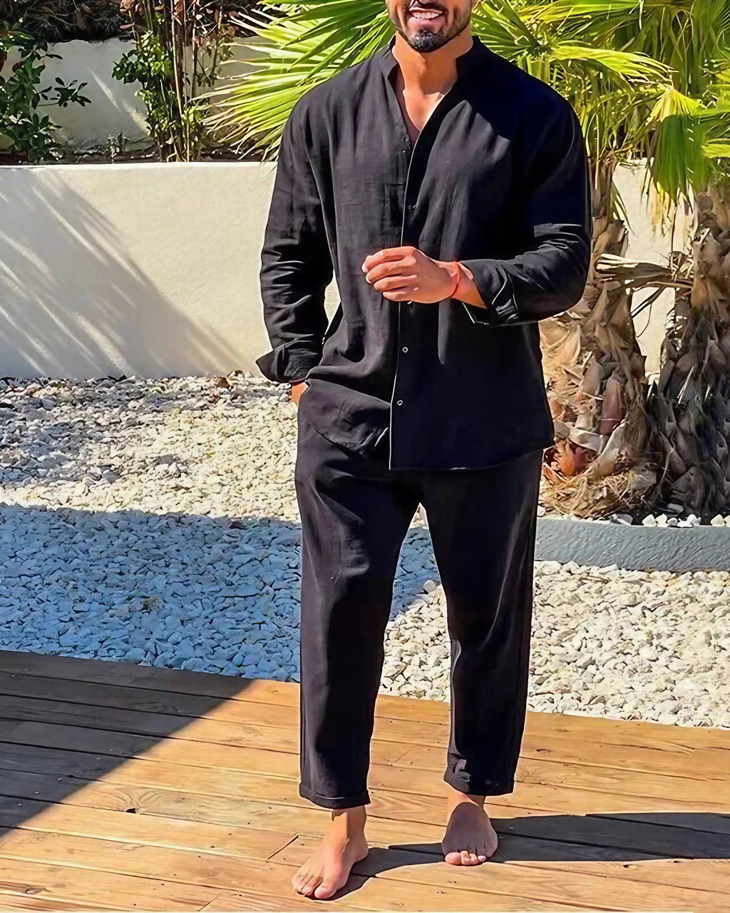 Ensemble homme chemise col montant et pantalon ample, noir