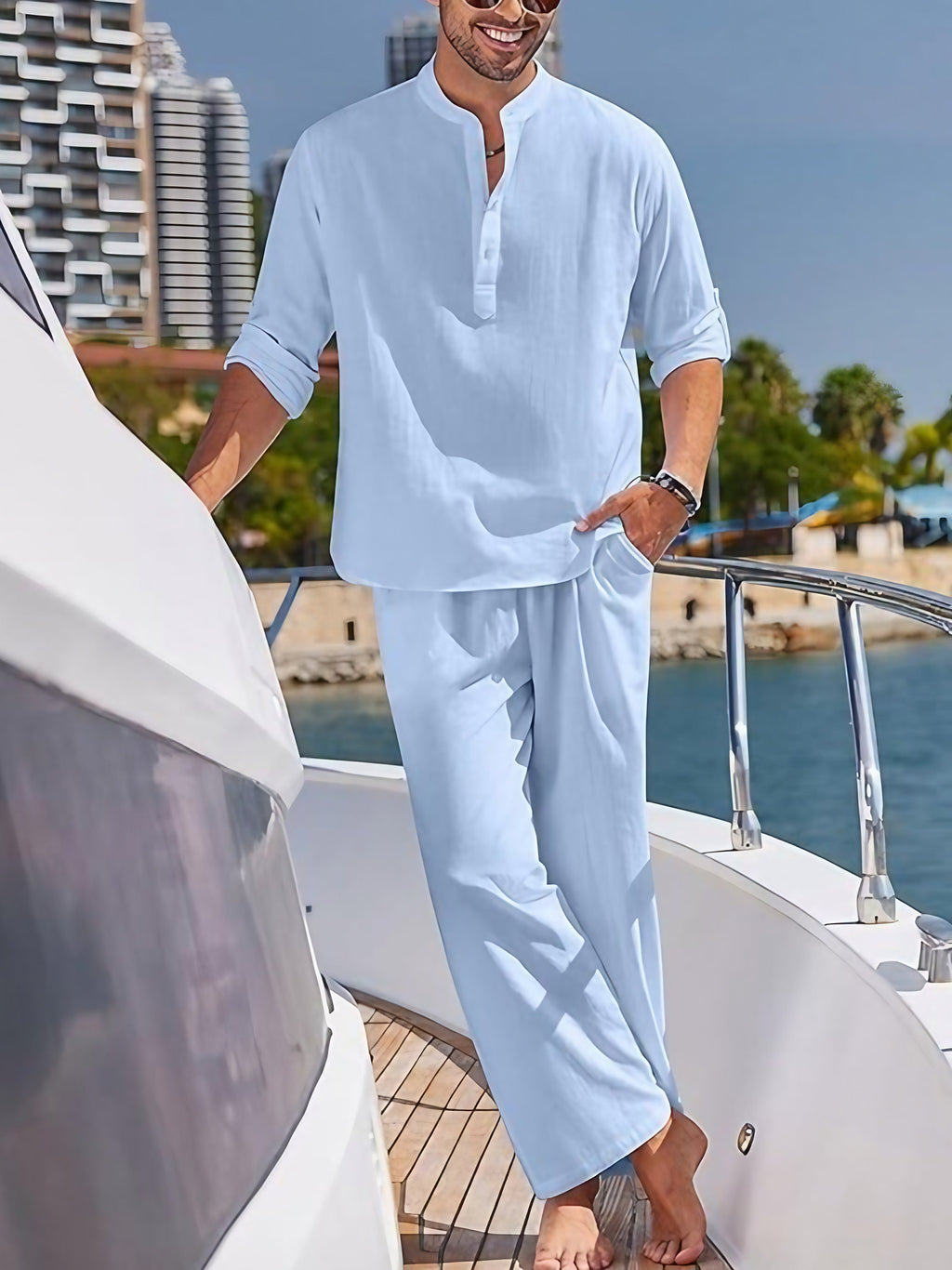 Ensemble homme chemise à manches courtes et short, pour l'été, bleu clair
