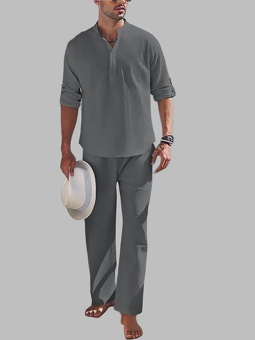 Ensemble homme chemise à manches courtes et short, pour l'été, gris