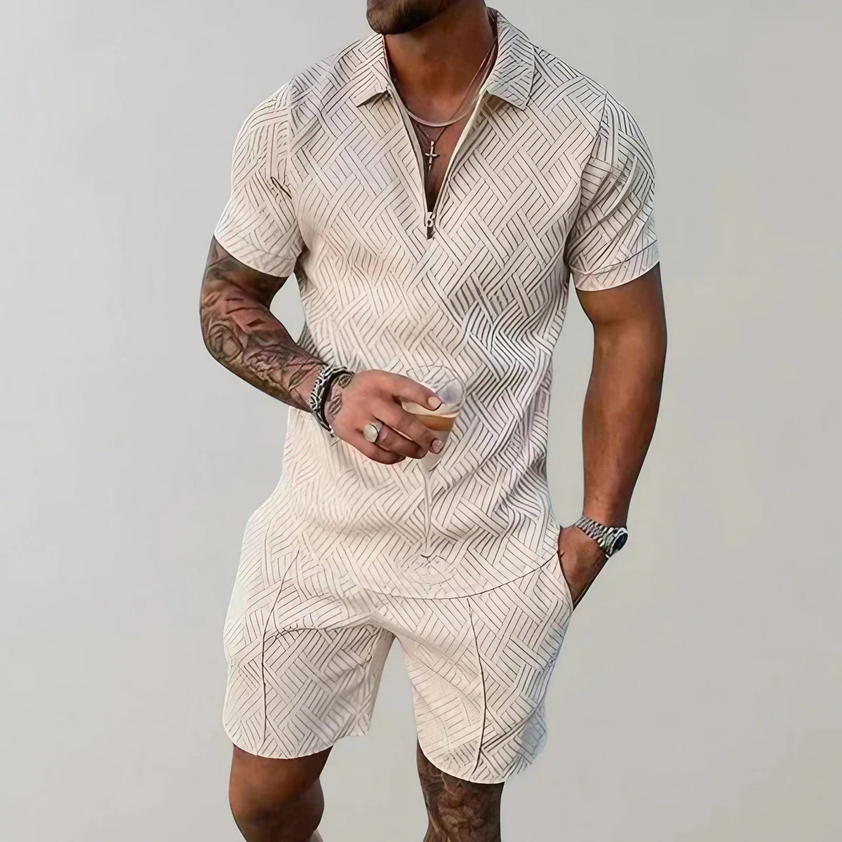 Ensemble d'été homme en coton et lin, du XS au 4XL, beige