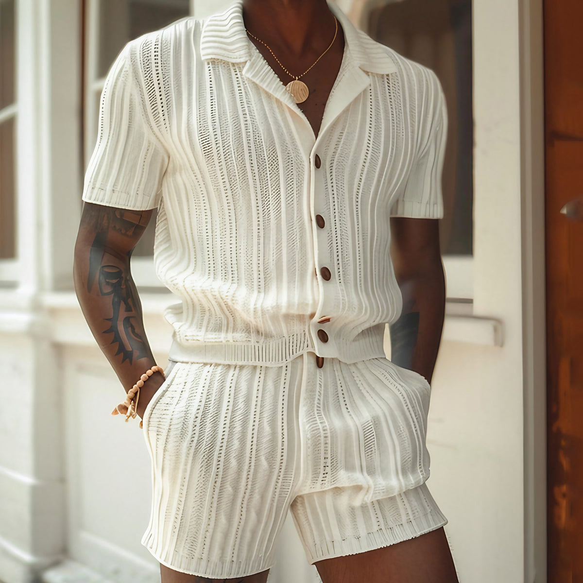 Ensemble homme t-shirt côtelé et short à ceinture, ivoire, ivoire