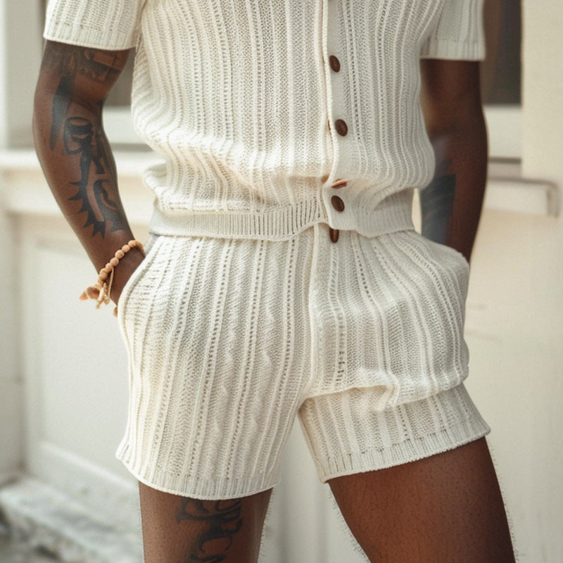 Ensemble homme t-shirt côtelé et short à ceinture, ivoire