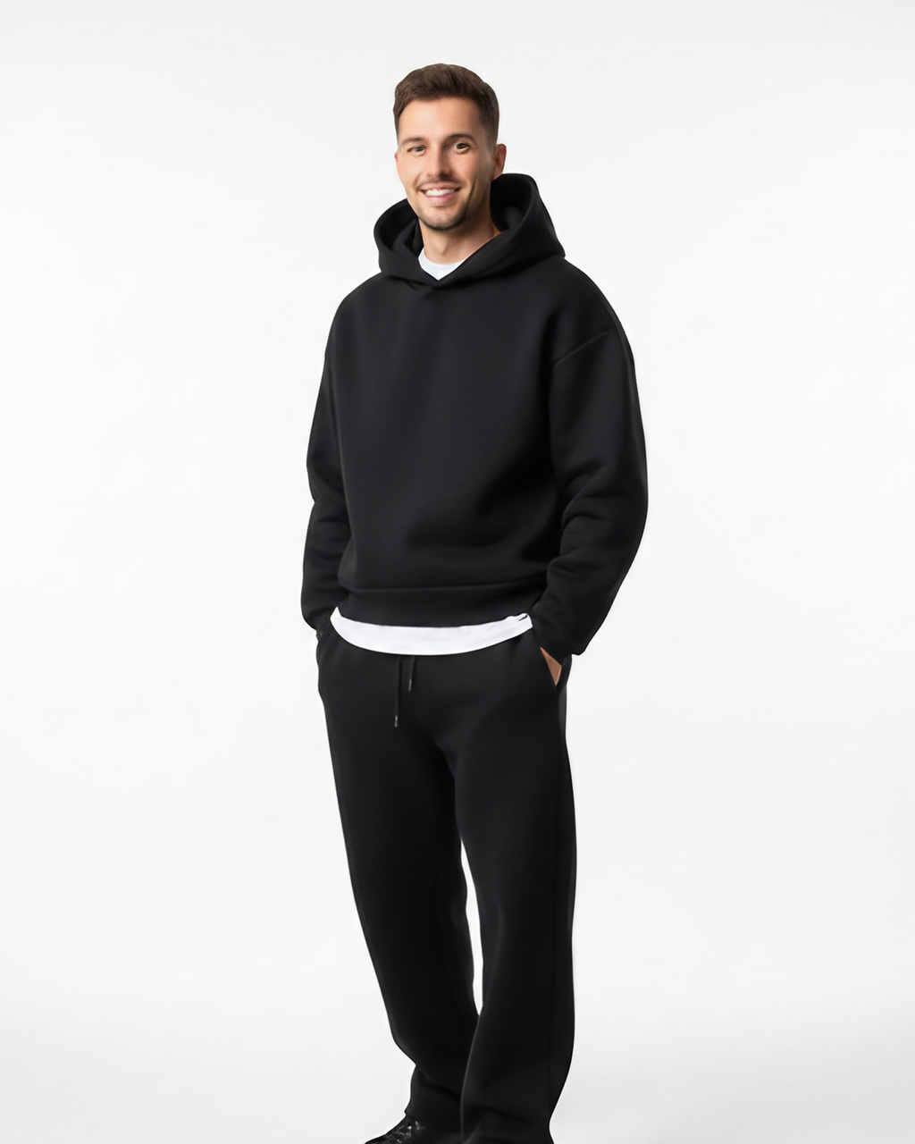 Ensemble jogging homme, sweat à capuche et pantalon à cordon, noir