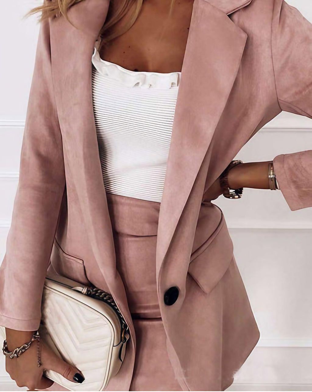 Ensemble tailleur jupe et blazer femme, trois coloris, du S au XL, rose