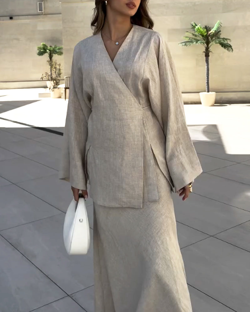 Ensemble femme tunique croisée et jupe longue fluide