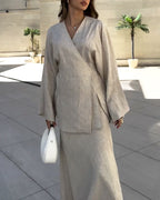 Ensemble femme tunique croisée et jupe longue fluide