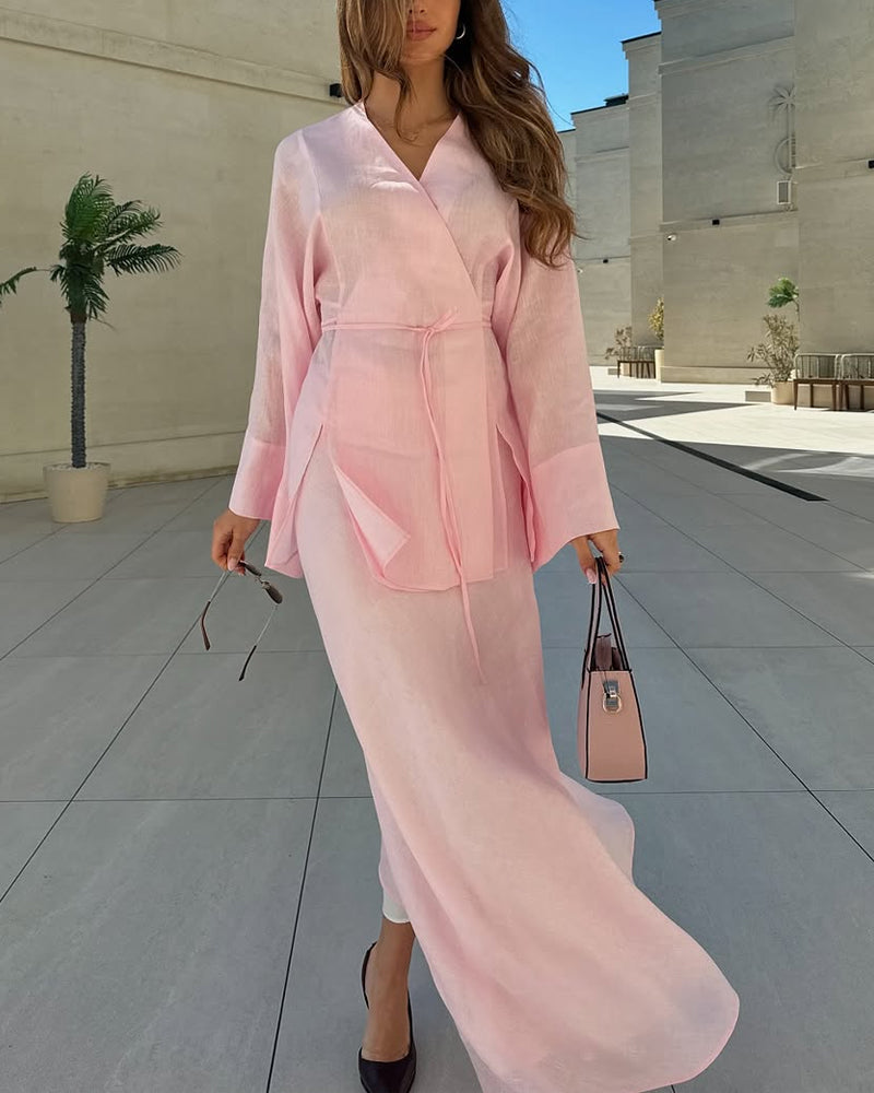 Ensemble femme tunique croisée et jupe longue fluide