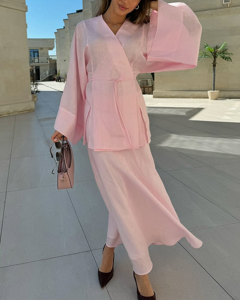 Ensemble femme tunique croisée et jupe longue fluide
