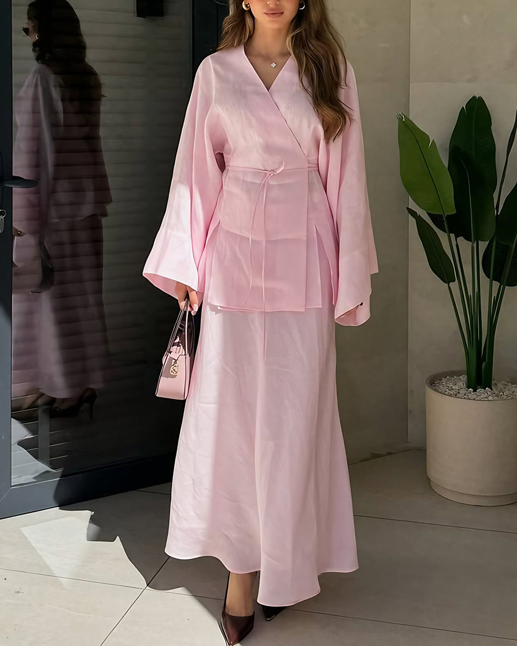 Ensemble femme tunique croisée et jupe longue fluide, rose