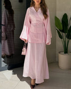 Ensemble femme tunique croisée et jupe longue fluide, rose