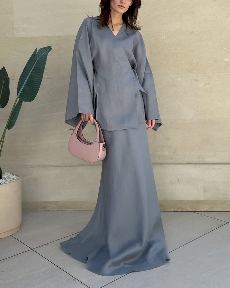Ensemble femme tunique croisée et jupe longue fluide