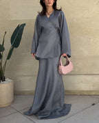 Ensemble femme tunique croisée et jupe longue fluide, gris