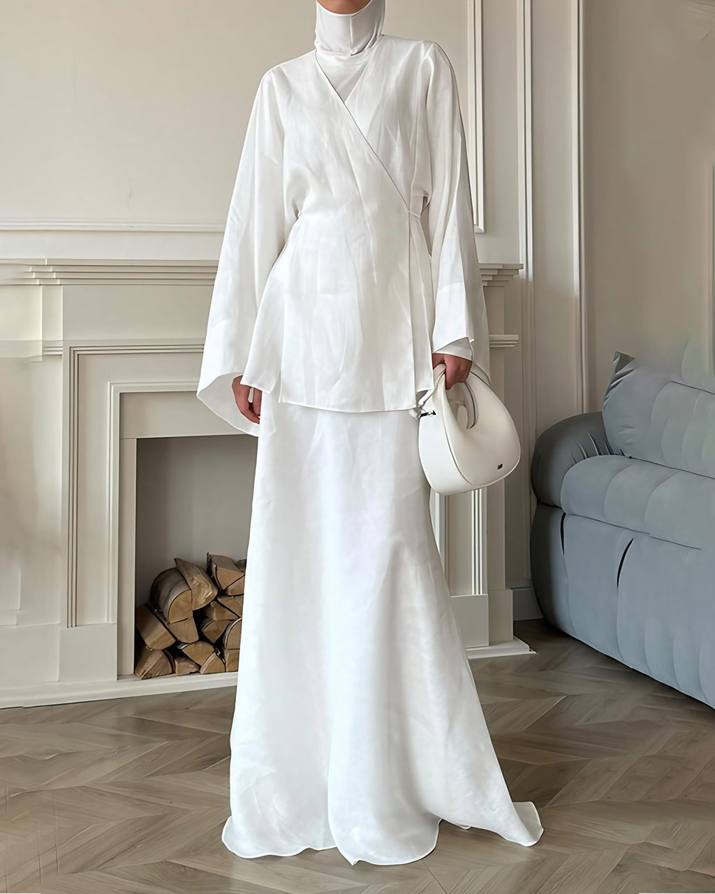 Ensemble femme tunique croisée et jupe longue fluide, blanc