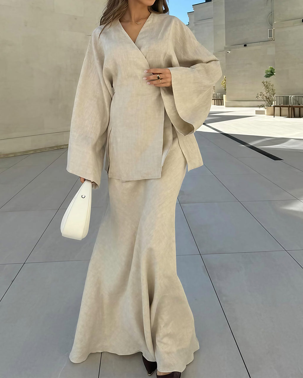 Ensemble femme tunique croisée et jupe longue fluide, abricot