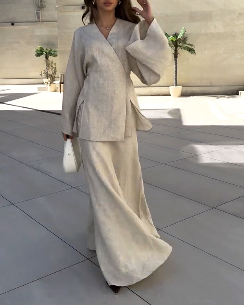 Ensemble femme tunique croisée et jupe longue fluide