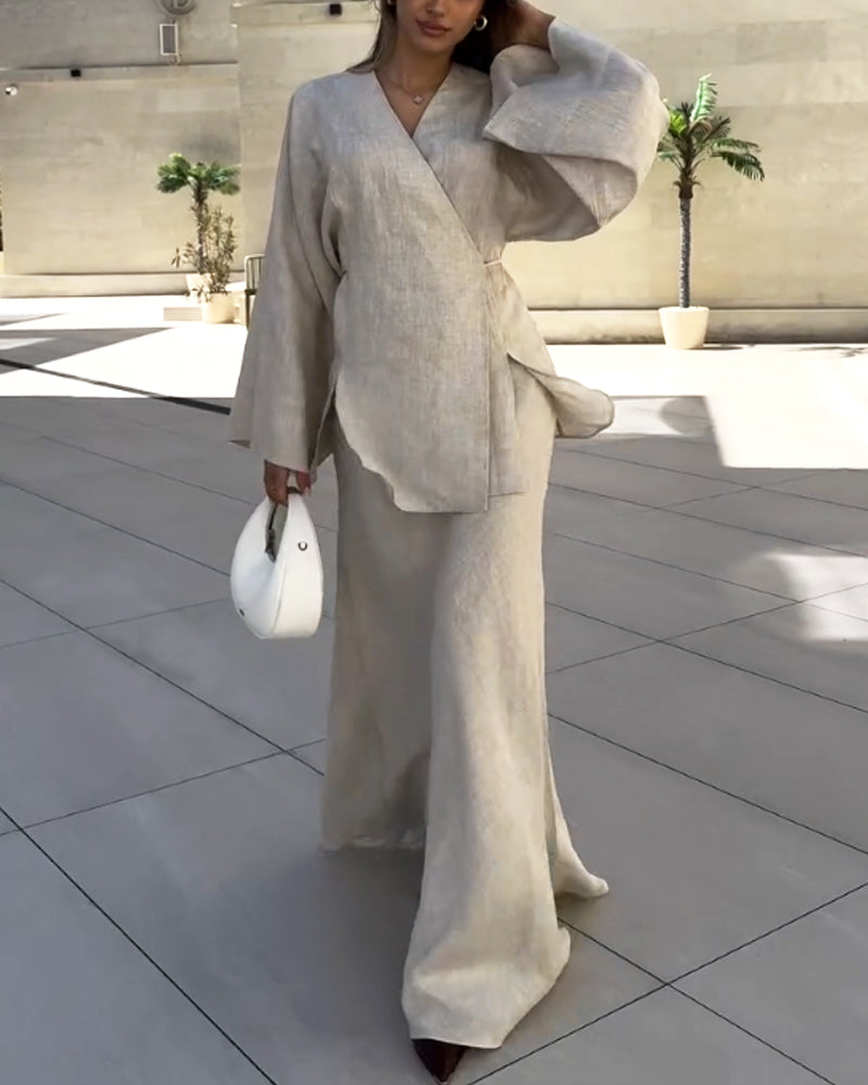 Ensemble femme tunique croisée et jupe longue fluide