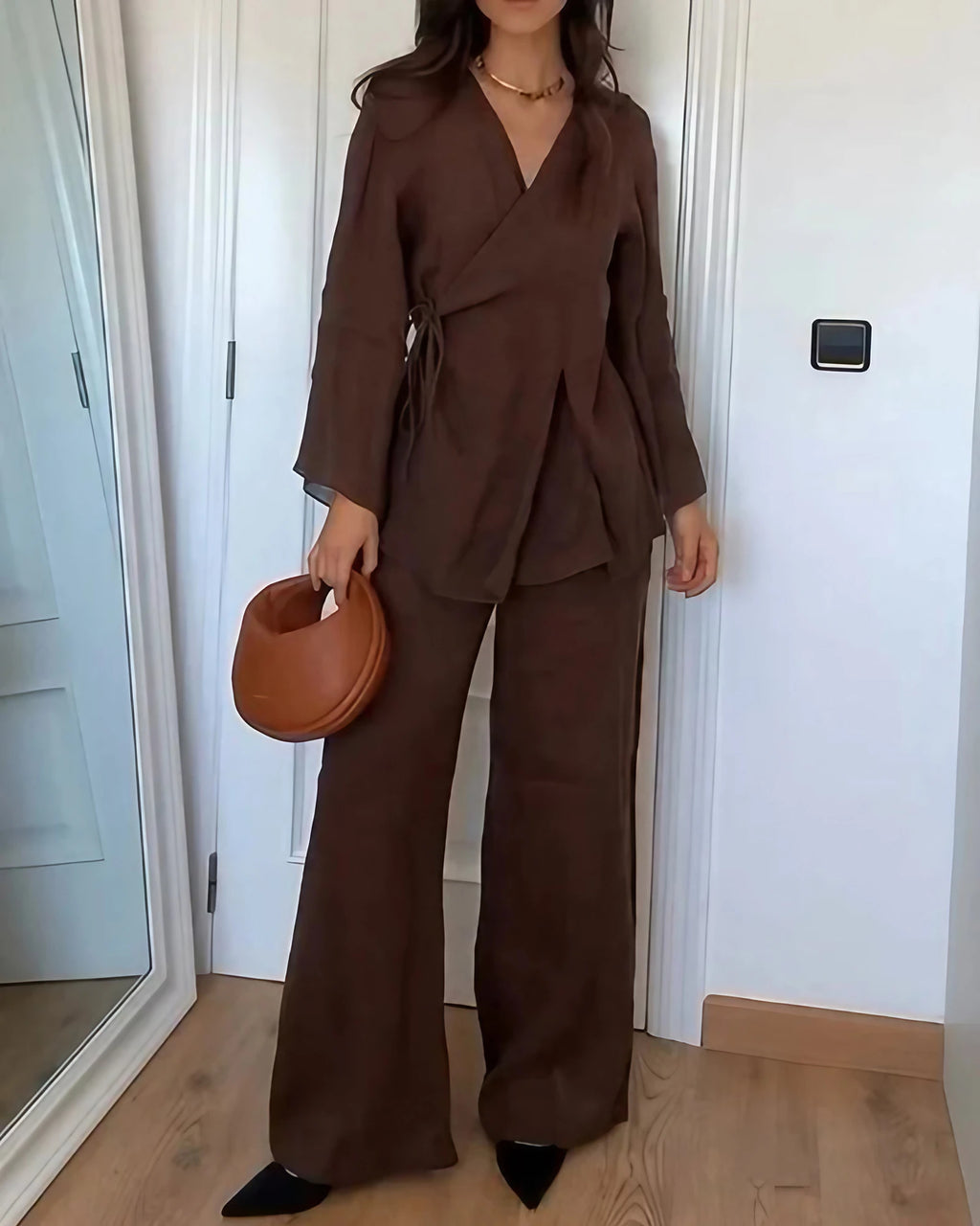 Ensemble femme veste kimono et pantalon fluide, marron chocolat