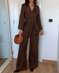 Ensemble femme veste kimono et pantalon fluide, marron chocolat, marron