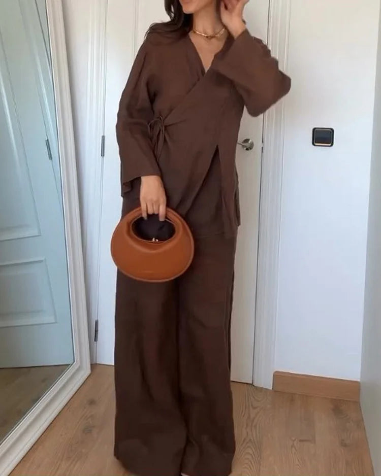 Ensemble femme veste kimono et pantalon fluide, marron chocolat