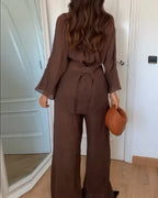Ensemble femme veste kimono et pantalon fluide, marron chocolat