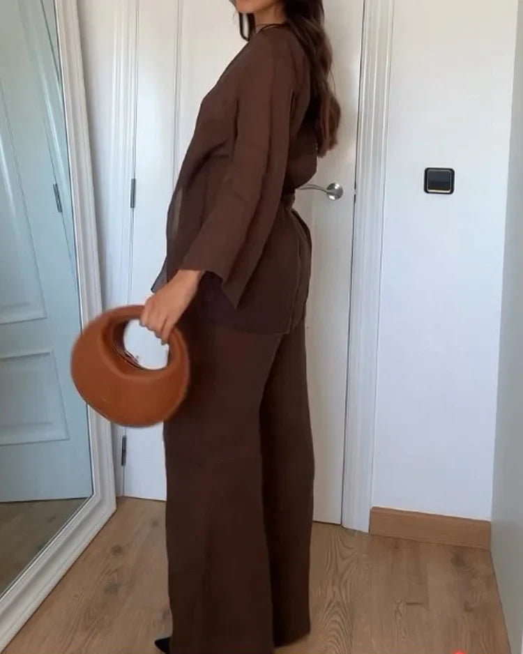 Ensemble femme veste kimono et pantalon fluide, marron chocolat