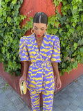 Ensemble haut et pantalon droit femme, imprimé graphique, pourpre et jaune