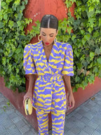 Ensemble haut et pantalon droit femme, imprimé graphique, pourpre et jaune