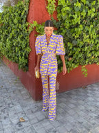 Ensemble haut et pantalon droit femme, imprimé graphique