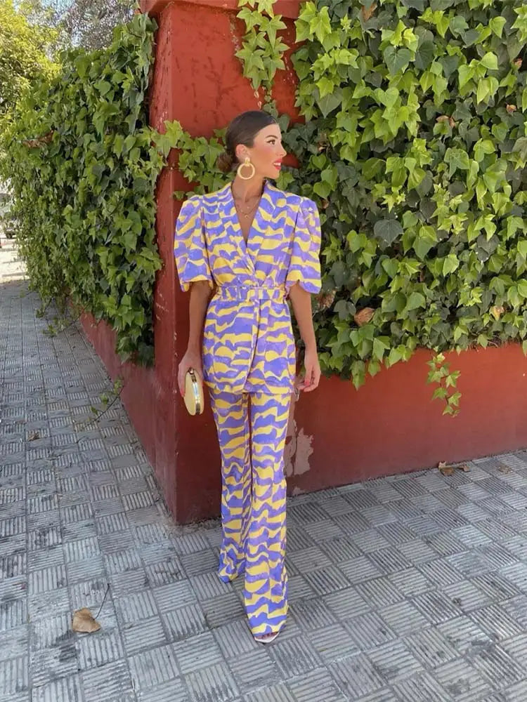 Ensemble haut et pantalon droit femme, imprimé graphique