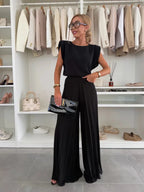 Ensemble plissé femme deux pièces, haut ample et pantalon large, noir