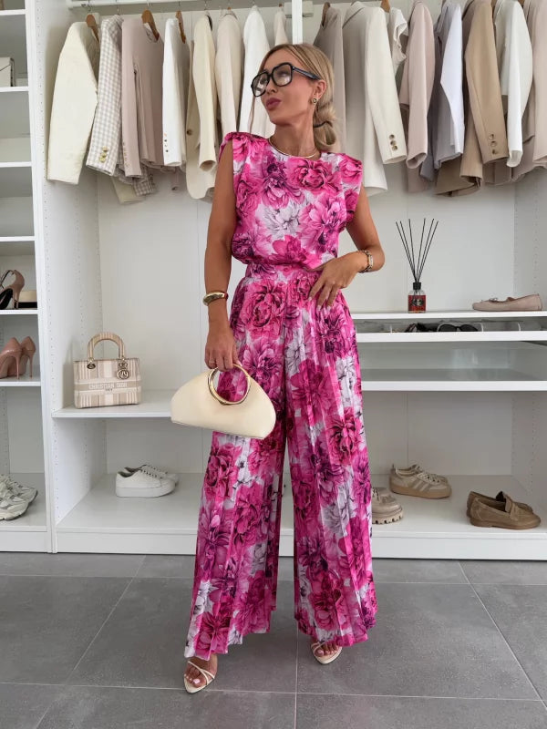 Ensemble plissé femme deux pièces, haut ample et pantalon large, rose