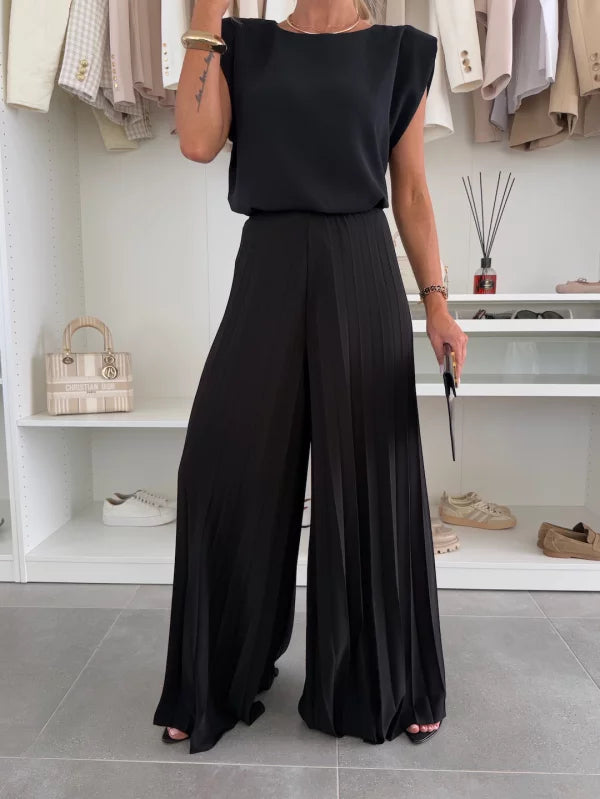 Ensemble plissé femme deux pièces, haut ample et pantalon large