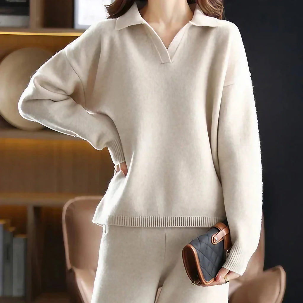 Ensemble en maille femme, pull col polo et pantalon large, beige