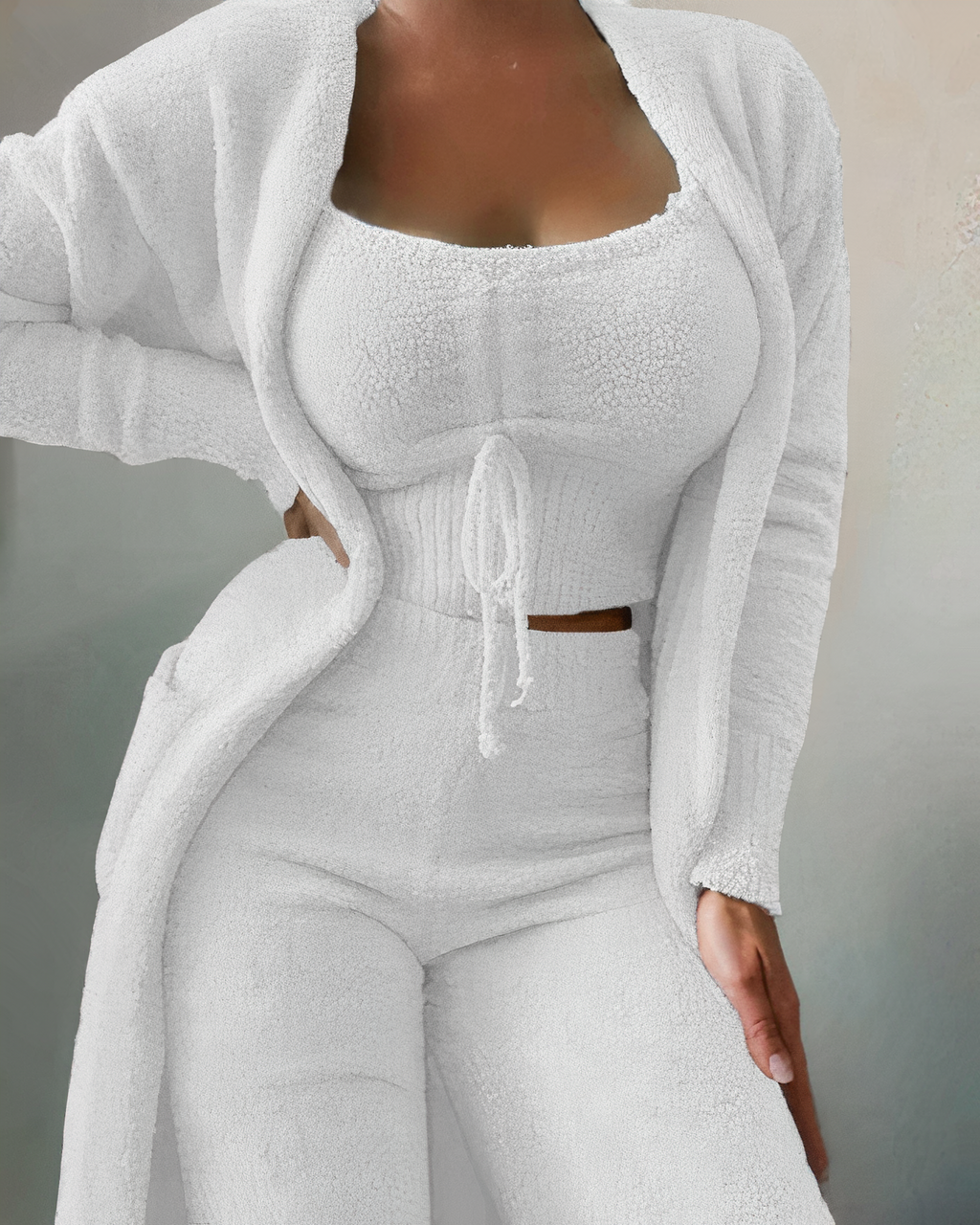 Pyjama polaire femme trois pièces avec gilet, du S au 3XL, blanc