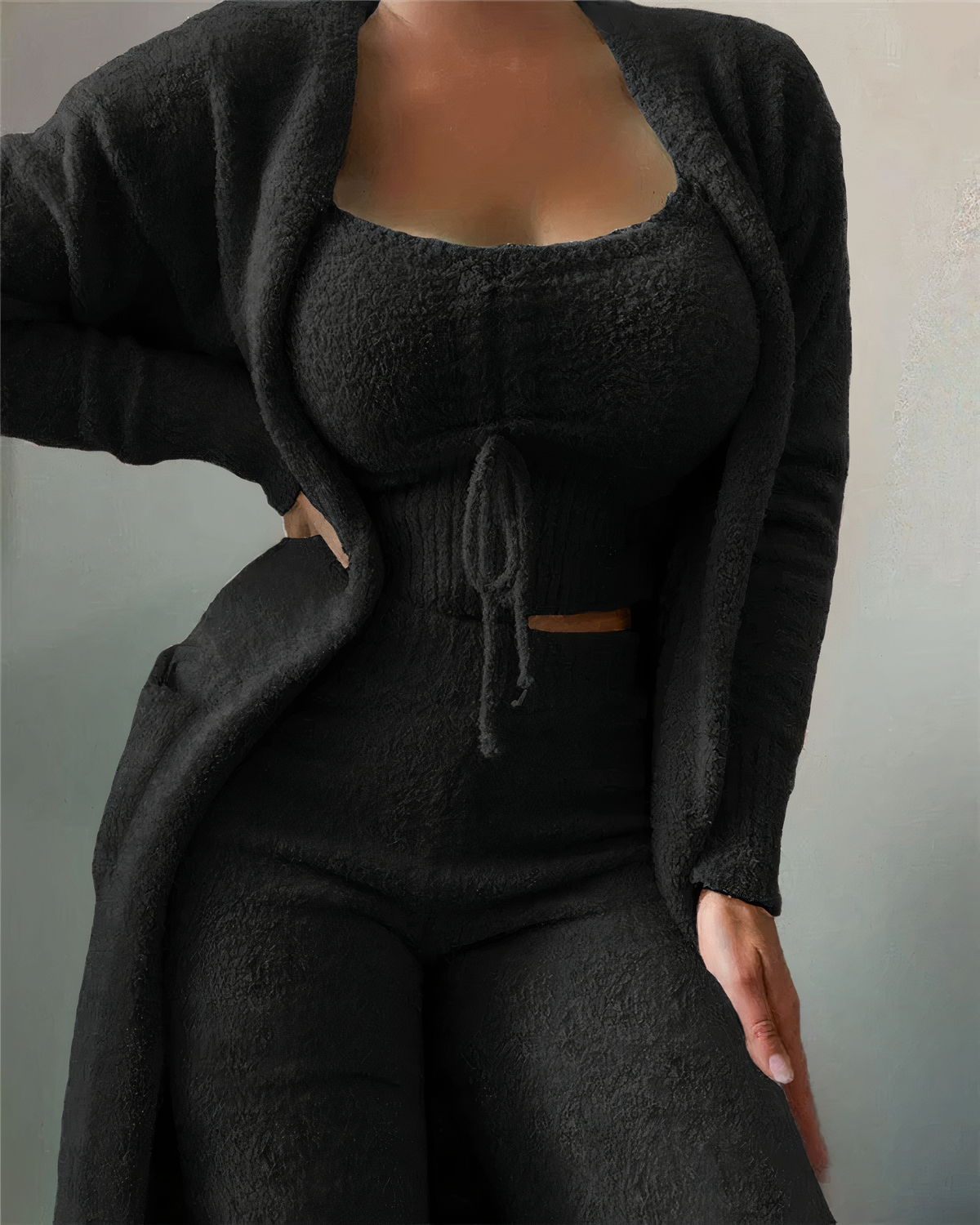 Pyjama polaire femme trois pièces avec gilet, du S au 3XL, noir