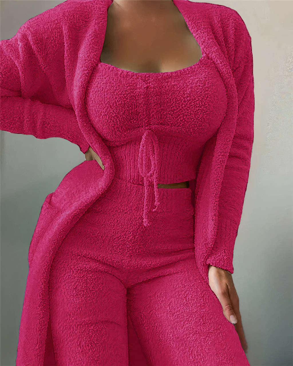 Pyjama polaire femme trois pièces avec gilet, du S au 3XL, rose foncé