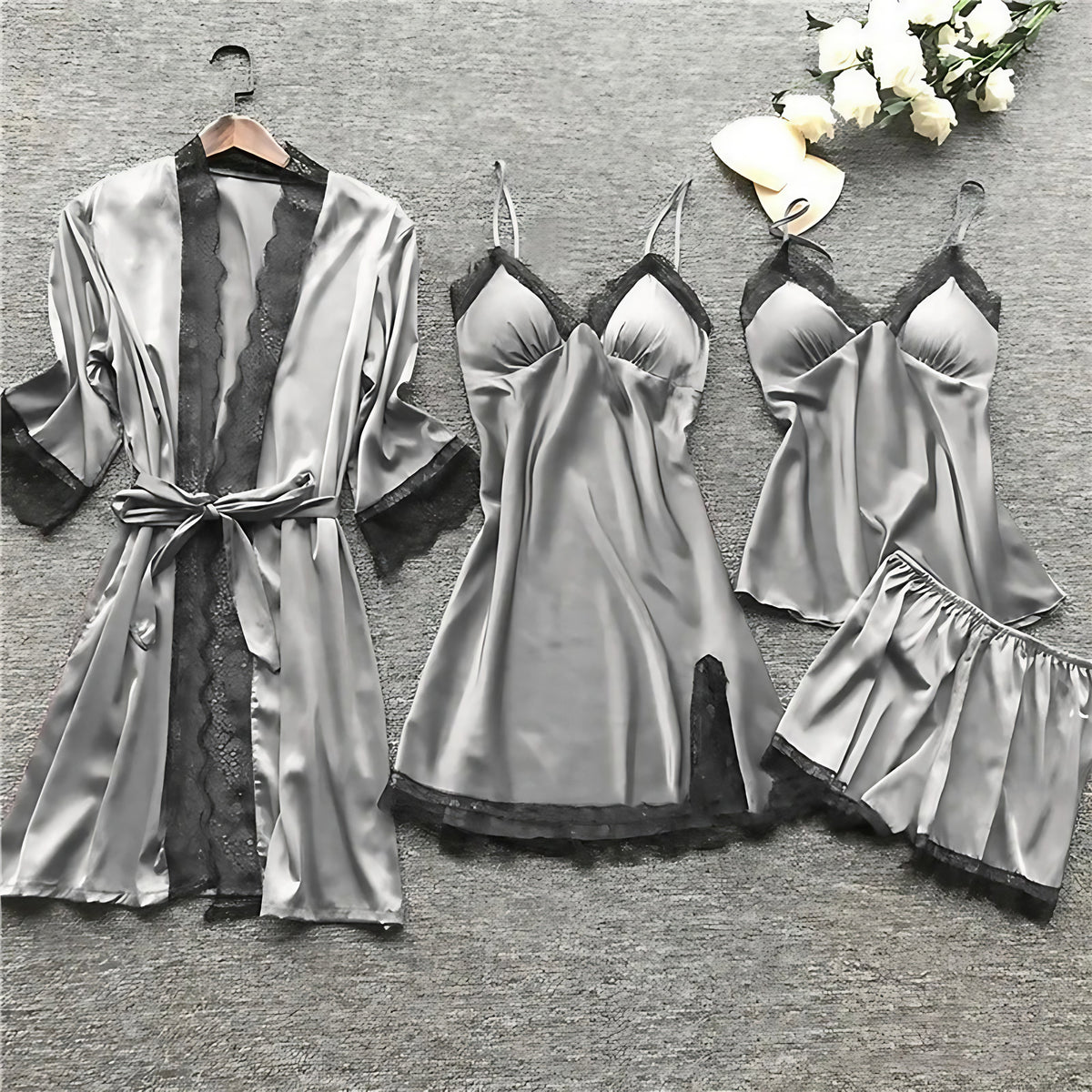 Pyjama femme deux pièces, pantalon à taille élastique, six coloris, gris