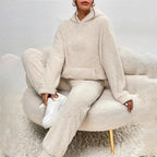 Pyjama polaire femme, haut à capuche et pantalon ample, crème