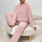 Pyjama polaire femme, haut à capuche et pantalon ample, rose