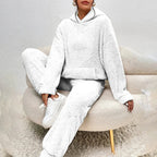 Pyjama polaire femme, haut à capuche et pantalon ample, blanc