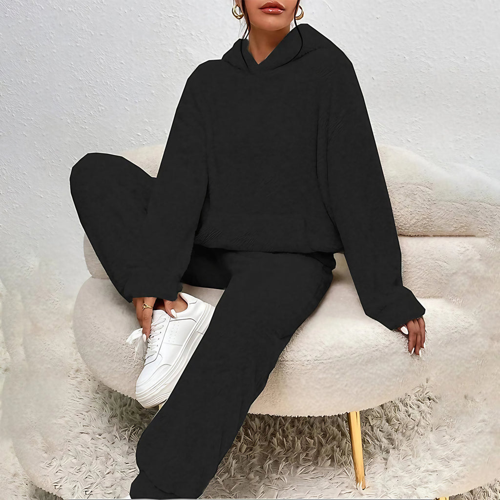 Pyjama polaire femme, haut à capuche et pantalon ample, noir