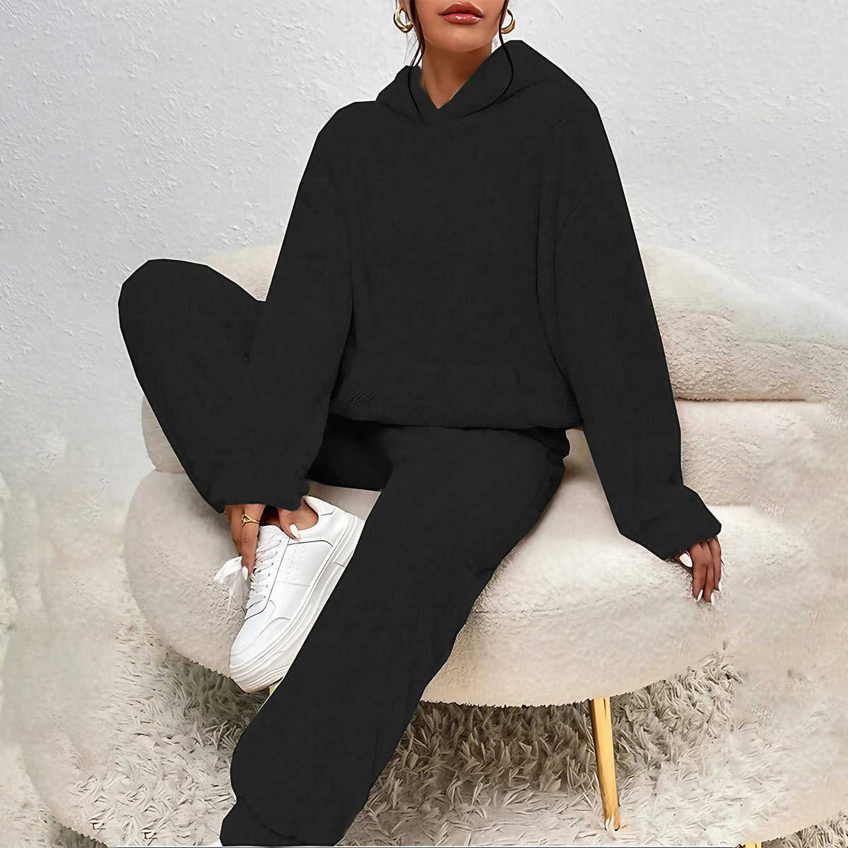 Pyjama polaire femme, haut à capuche et pantalon ample, noir