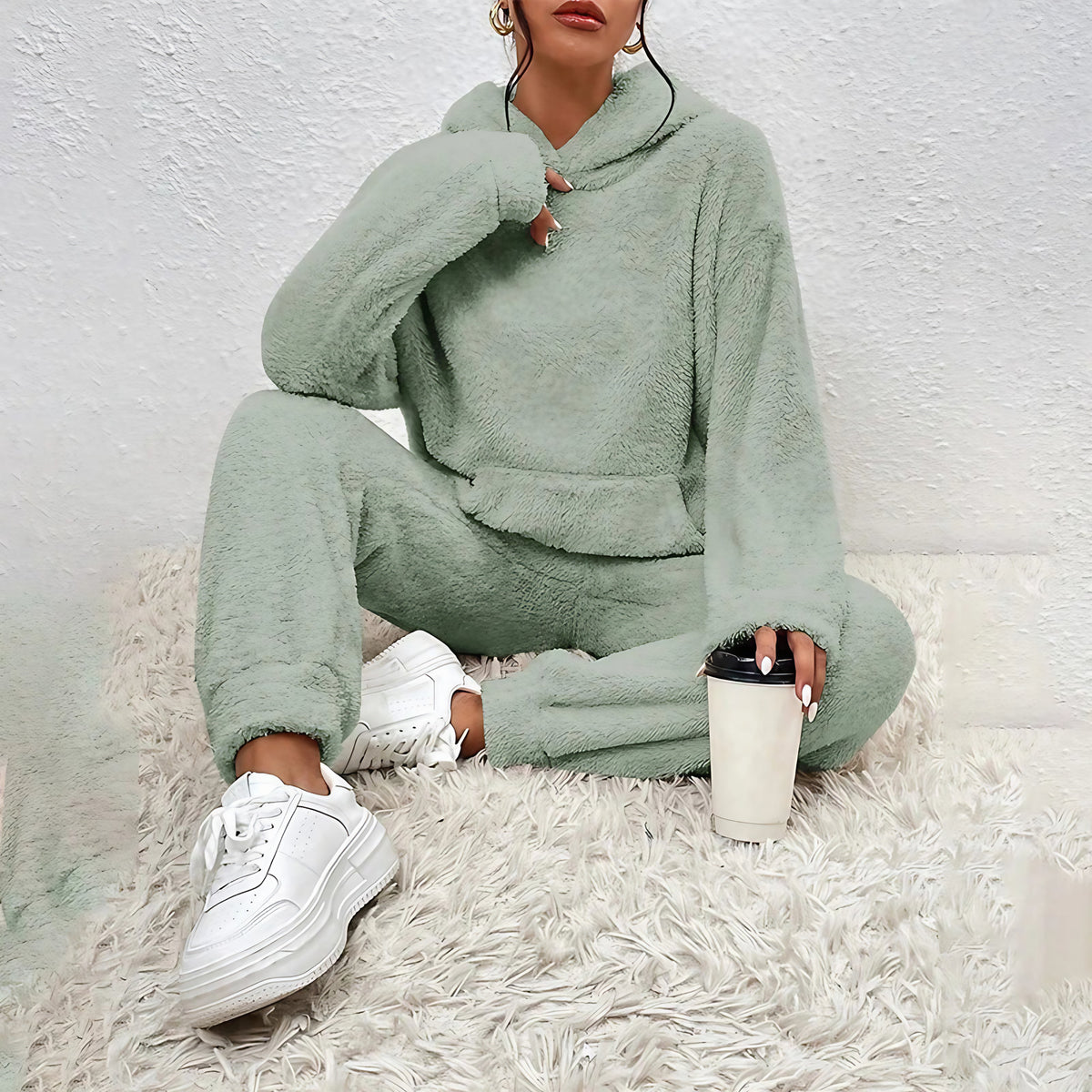 Pyjama polaire femme, haut à capuche et pantalon ample, vert clair