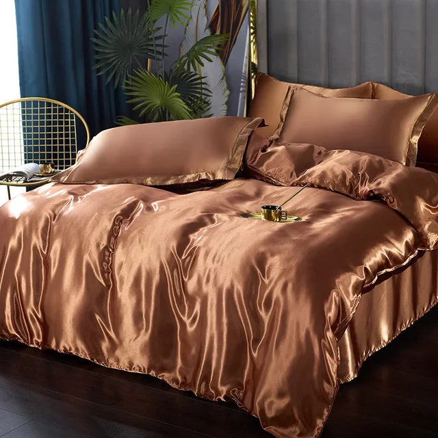 Parure de lit en satin, housse de couette, drap-housse et taies, marron clair